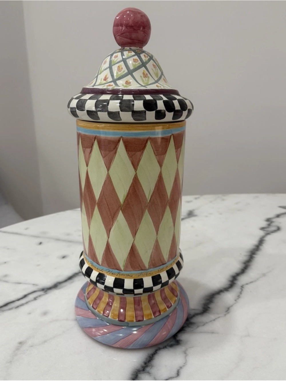Vintage Signed MacKenzie-Childs Odd Fellows Ceramic Canister With Lid
